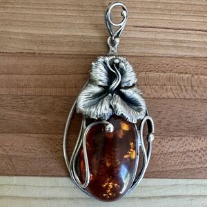 Vintage Art Nouveau Pendant 2.75 Inch Baltic Amber Lily Flower Sterling 17.3g